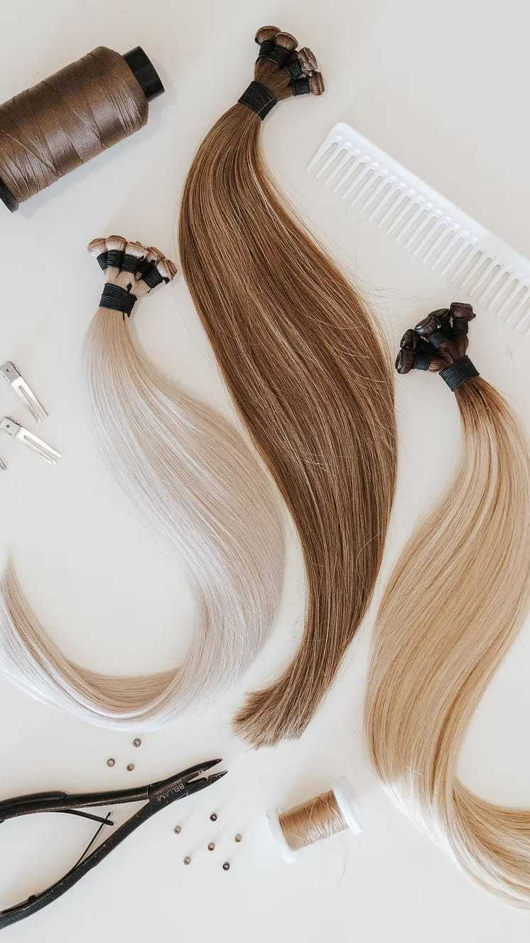 Hair extensions with styling tools and comb on white background.